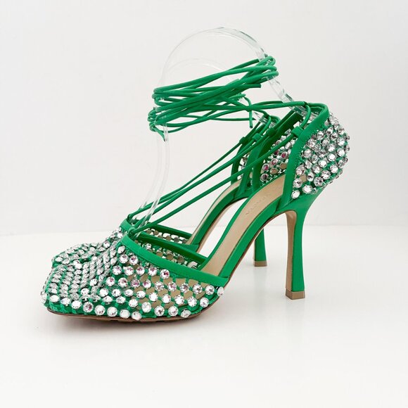 Bottega Veneta Sparkle Stretch Lace-Up Sandal Mesh Crystals Parakeet Green - Picture 7 of 16